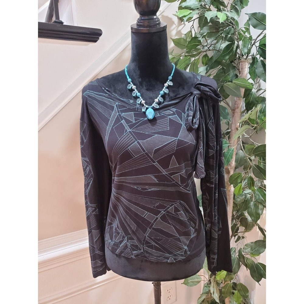 Diesel Women Black & Gray Rayon Round Neck Long Sleeve Casual Top Blouse Size XS